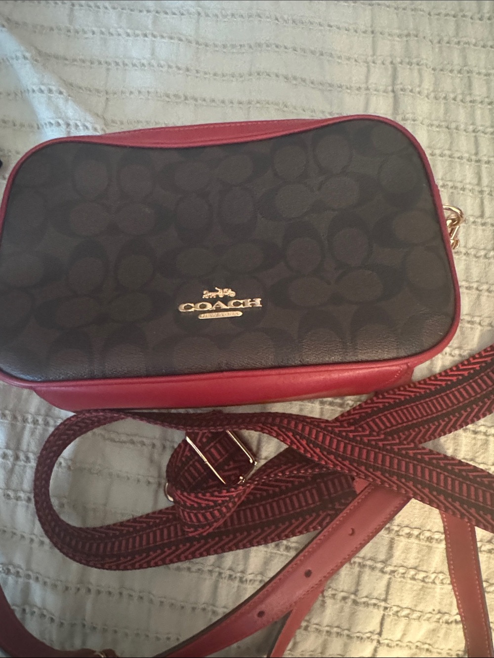 Coach Brown Logo Crossbody with Red Trim and Strap
